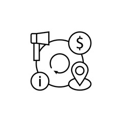 Poster - Info, microphone, location icon. Element of consumer behavior line icon