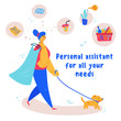 Young woman personal assistant walking a dog and holding a dress she took away from dry cleaning. There are many to-do list tasks around her. One assistant, every need concept. Vector illustration.