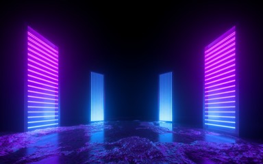 Wall Mural - 3d render, pink blue neon abstract background, glowing vertical panels in ultraviolet light, futuristic power generating technology, terrain