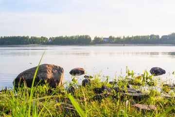 Wall Mural - Rybinsk, Russia - June, 10, 2019: landscape with the image of Volga embankment in Rybinsk, Russia at sunrise