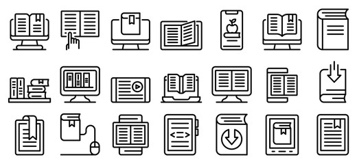 Poster - Ebook icons set. Outline set of ebook vector icons for web design isolated on white background