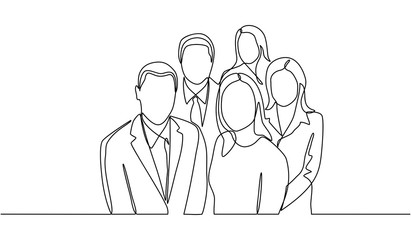 Wall Mural - continuous line drawing of group of business men and women standing, working people on white background. Business team and teamwork concept. Vector template brochures, flyers, logo, print, banners.