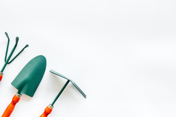 Gardening tools on white background top view mockup