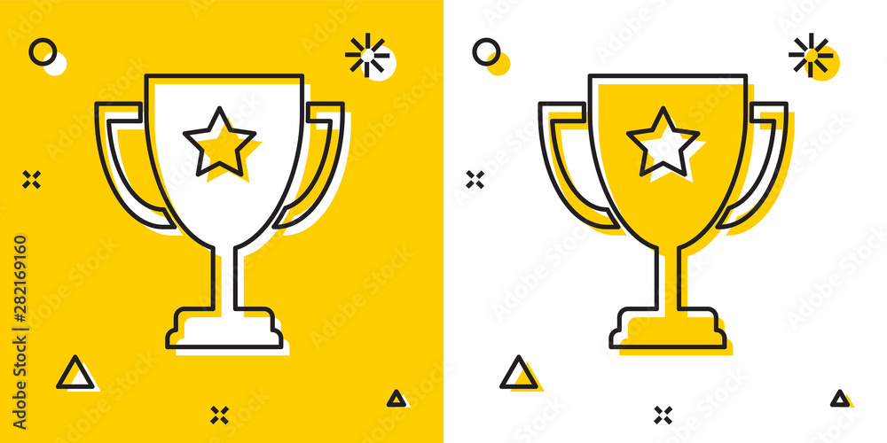 Black Trophy cup icon isolated on yellow and white background. Award symbol. Champion cup icon. Random dynamic shapes. Vector Illustration - obrazy, fototapety, plakaty 