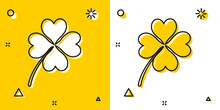 Black Four Leaf Clover Icon Isolated On Yellow And White Background. Happy Saint Patrick Day. Random Dynamic Shapes. Vector Illustration