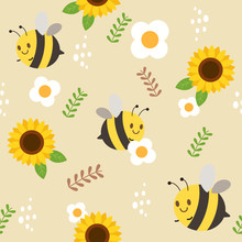 The Seamless Pattern Of Bee And Sunflower And White Flower And The Leaf.  The Character Cartoon Of Cute Bee In The Yellow Background. The Cute Bee In Flat Vector.