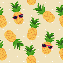 Wall Mural - The seamless pattern pf pineapple in white background. The pineapple in pattern style. pineapple wear a pinksunglasses. The cute pineapple in flat vector.