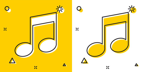 Wall Mural - Black Music note, tone icon isolated on yellow and white background. Random dynamic shapes. Vector Illustration