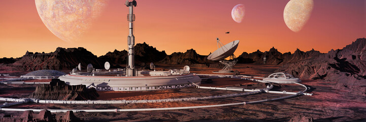 Wall Mural - city on the surface of an alien planet, colony on exoplanet