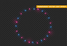 Christmas Wreath, Frame Of New Year's Bright Glowing Lights Of Garlands. Light Effect Xmas Decoration Round Ring. Isolated On A Transparent Background. Design Element. Vector Illustration.