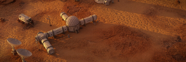 Wall Mural - habitat on mars, base in desert landscape on the red planet