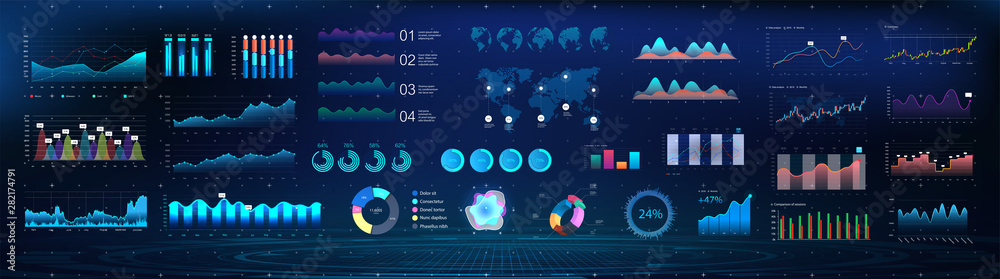 UI Future, Colorful infographics template for business and other projects. Big collection UI UX KIT elements. Design, processing and analysis of data. Modern infographics and vector mockups - obrazy, fototapety, plakaty 