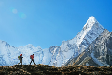 hiking in himalaya mountains. travele hiking in the mountains, nepal. everest region.