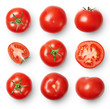 A set of ripe tomatoes whole and sliced isolated on white background. Top view.