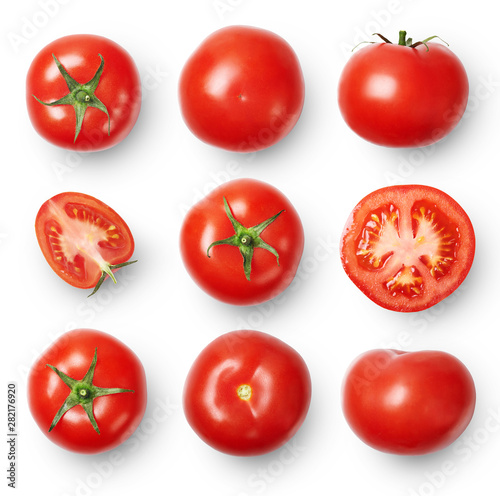 Cuadros en Lienzo A set of ripe tomatoes whole and sliced isolated on white background