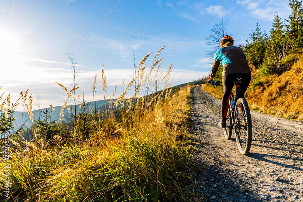 Mountain biking woman riding on bike in summer mountains forest landscape. Woman cycling MTB flow trail track. Outdoor sport activity. - obrazy, fototapety, plakaty 