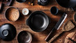 Set of dishes for Asian cuisine, pot, bowls, wok, Japanese knife, top view.
