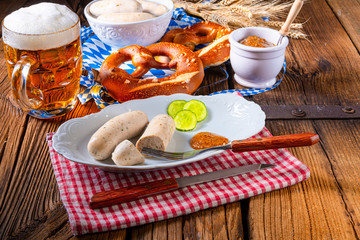 Wall Mural - Weisswurst pretzels and beer for Oktoberfest