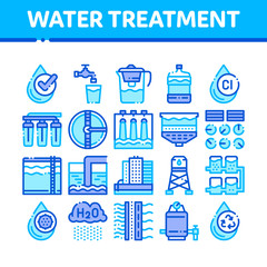 Poster - water treatment items vector thin line icons set. filter and cleaning system water treatment element