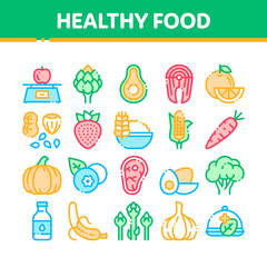 Poster - Collection Healthy Food Vector Thin Line Icons Set. Vegetable, Fruit And Meat Healthy Food Linear Pictograms. Strawberry And Orange, Blueberry And Pumpkin, Eggs And Fish Color Contour Illustrations