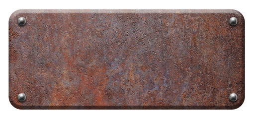Rusty metal plate with rivets on white background