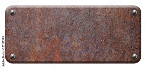 Cuadros en Lienzo Rusty steel plate, metal signboard with rivets on white background