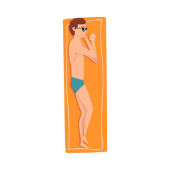 Sticker - Young Man Sunbathing and Relaxing on Beach, Guy Enjoying Summer Vacation Vector Illustration