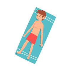 Poster - Cute Boy Sunbathing on Beach Towel, Top View, Boy Enjoying Summer Vacation Vector Illustration