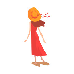 Sticker - Girl in Red Dress and Straw Hat, View From Behind Vector Illustration