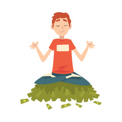 Poster - Lucky Successful Rich Guy Millionaire, Wealthy Man Meditating while Sitting on Pile of Money Vector Illustration