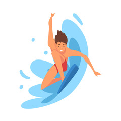 Canvas Print - Male Surfer Character Riding Waves, Guy with Surfboard, Recreational Beach Water Sport, Man Enjoying Summer Vacation Vector Illustration