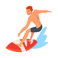 Male Surfer Character Riding On Ocean Wave With Surfboard, Summer Recreational Beach Water Sport Vector Illustration