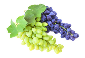 Wall Mural - Blue and green grapes with leaves isolated on white