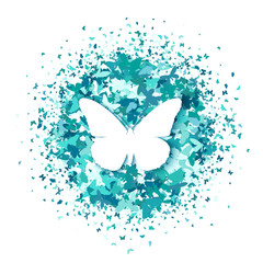 White butterfly on round of turquoise glitter confetti butterflies on white background. Vector. Creative concept for wedding invitations, cards, tickets, congratulations, branding, logo, label.