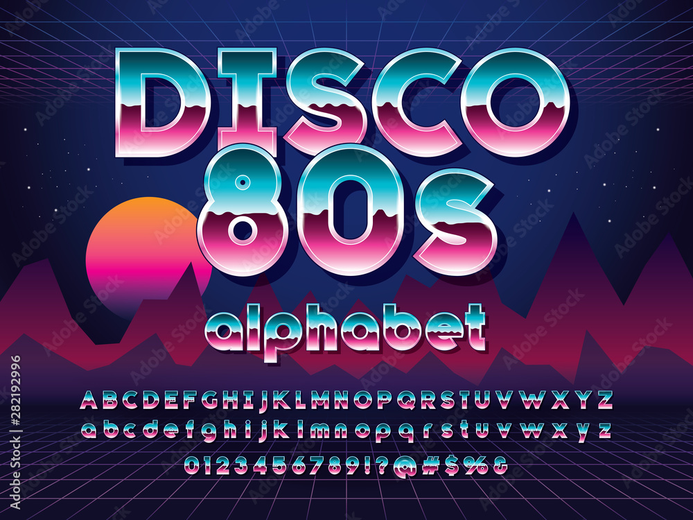 Vector of 80s stylized retro alphabet design with metallic effect Stock ...