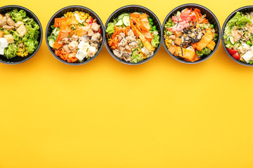 Sticker - Many containers with delicious food on color background