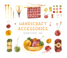 Traditional Autumn, Winter Hobby Tools, Scissors, Yarn Balls.  Knitting And Knitwear Watercolor Illustrations Set.