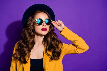 Sticker - Closeup photo of amazing fashionable lady wear stylish hat yellow costume isolated purple background