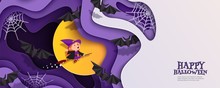 Happy Halloween 3d Papercut Layered Design. Witch Flies On Broomstick. Moon, Bats, Spiderweb. Horizontal Banner, Flyer, Poster With Multilayered Effect And Place For Text. Vector Illustration