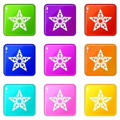 Poster - Star snowflake icons set 9 color collection isolated on white for any design