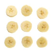 Peeled Banana Slices Isolated Over A White Background.