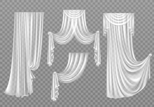 White Curtains Set Isolated On Transparent Background. Folded Cloth For Window Decoration, Soft Lightweight Clear Material, Fabric Hangings Drapery Of Different Forms. Realistic 3d Vector Illustration