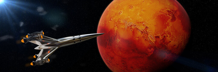 Wall Mural - spaceship in orbit of planet mars