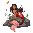 © TomatoLaccoon - Cute mermaid with black hair and red tail sitting on stone.