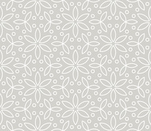 Abstract Simple Geometric Vector Seamless Pattern With White Line Floral Texture On Grey Background. Light Gray Modern Wallpaper, Bright Tile Backdrop, Monochrome Graphic Element