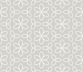 Abstract simple geometric vector seamless pattern with white line floral texture on grey background. Light gray modern wallpaper, bright tile backdrop, monochrome graphic element