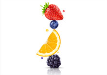 A Stack Of Fresh Ripe Summer Fruits And Berries Isolated On White Background. Blackberry, Orange, Blueberry, Strawberry Fruit Stack In A Row. Healthy Life, Balanced Diet Composition Design Concept