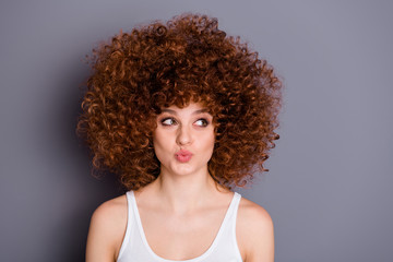 Poster - Close up photo of pretty lady look have thoughts cunning solution wear white singlet isolated over grey background