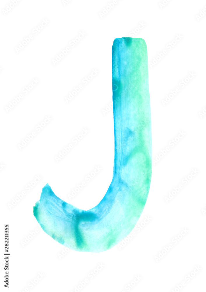 Blue and green watercolor hand drawing letter J on white background ...