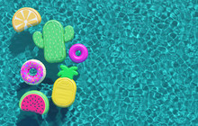 Summer Swimming Pool Full Of Fun Pool Floats. Overhead View. 3D Rendering